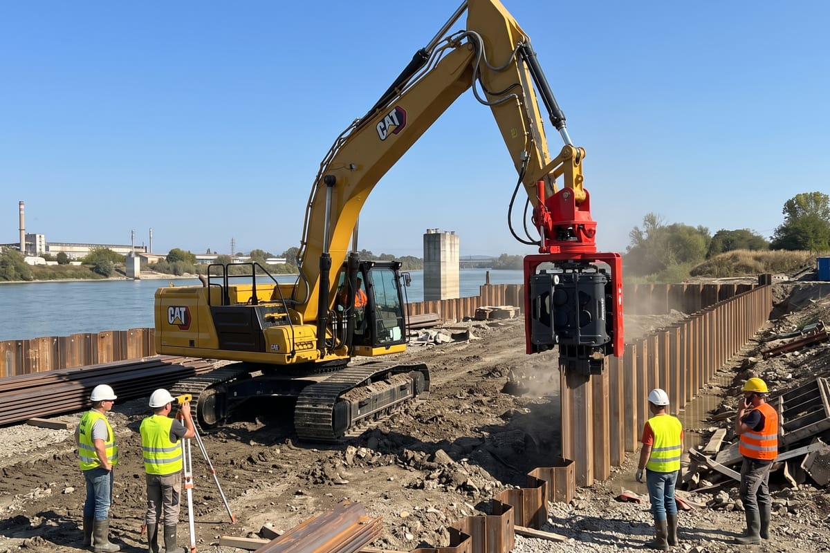 Ekipa MAK Gradnje pobija Larsen talpe uz reku, geometar prati liniju zida